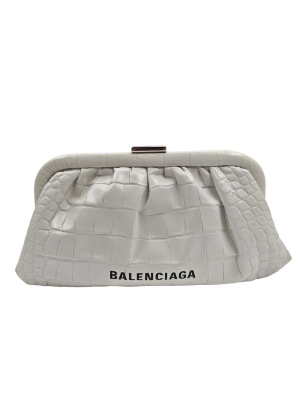 Balenciaga White Croc-Embossed Pleated Frame Clutch